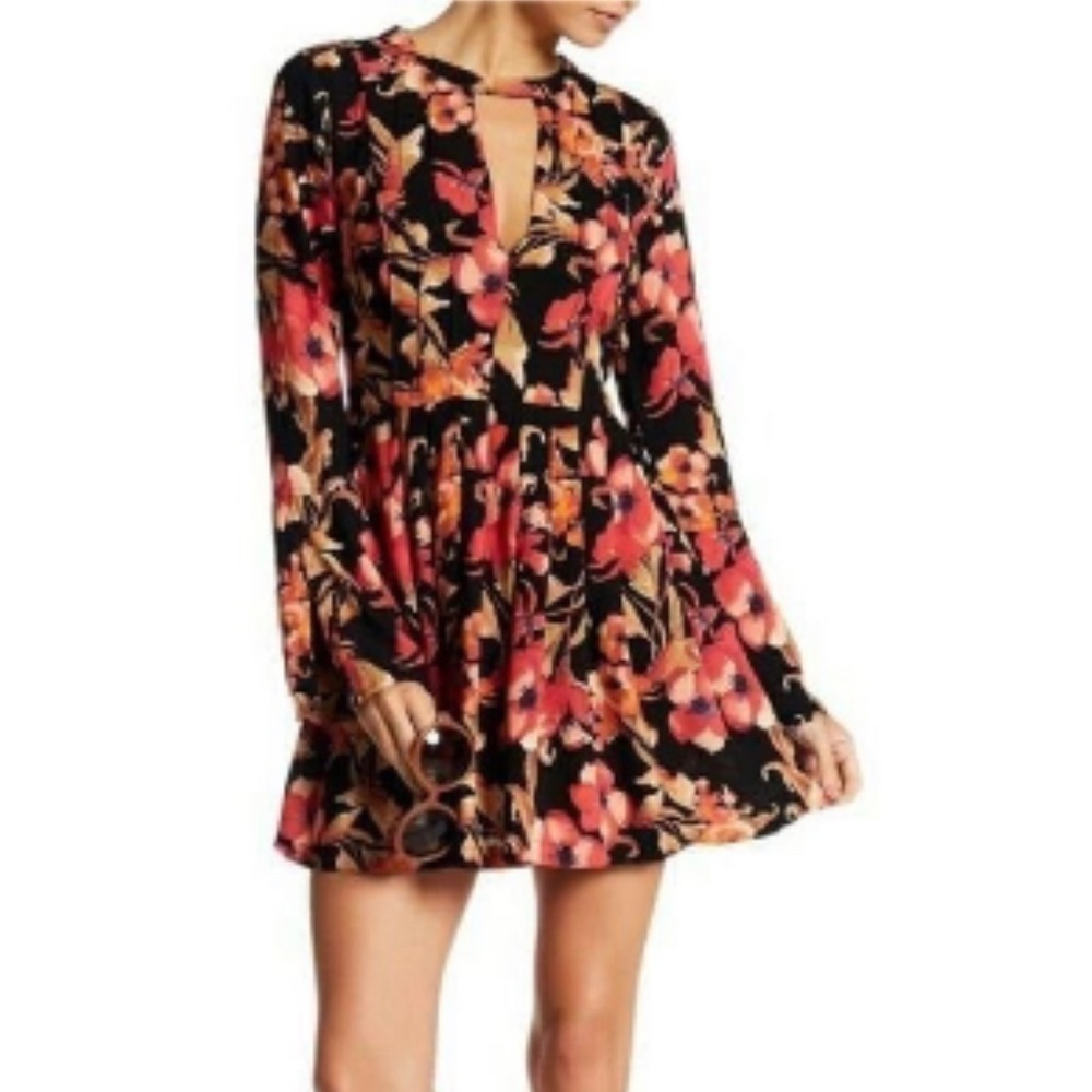 Free People Tegan Black and Red floral long sleeve dress